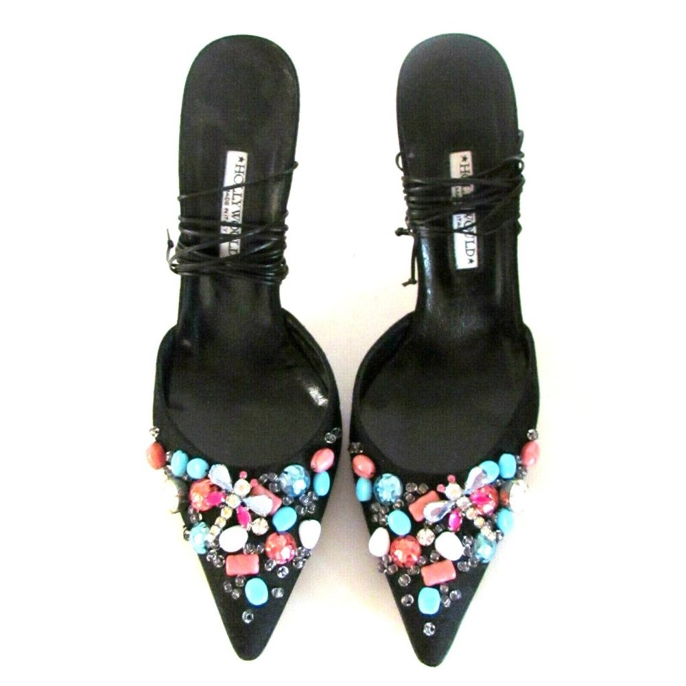 Hollywould Black Fabric Embellish Pointy Toe Ankle Lace Up Designer Shoes 7.1/2